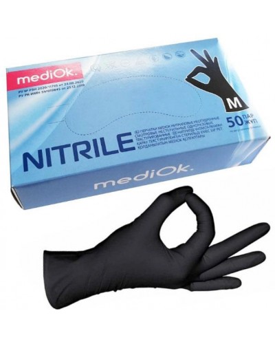 Рукавички нітрилові чорні неопудрені MediOk р.M, упаковка (100шт)